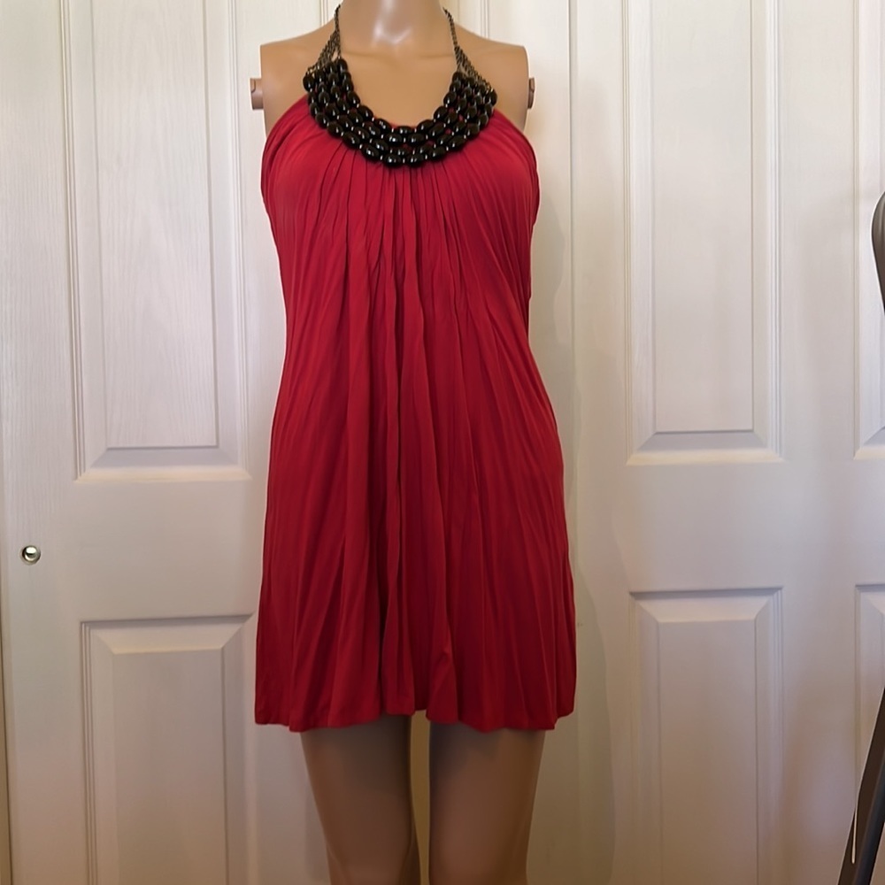 Red halter mini dress/ tunic with black beaded necklace neckline M - Picture 3 of 4
